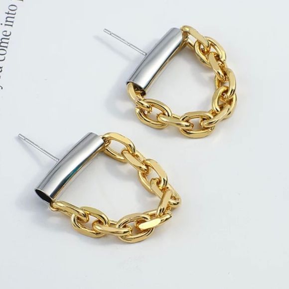 GOLD & SILVER PLATED STAINLESS STEEL GEOMETRIC CHAIN DANGLE DROP INDUSTRIAL EAR - Picture 4 of 14